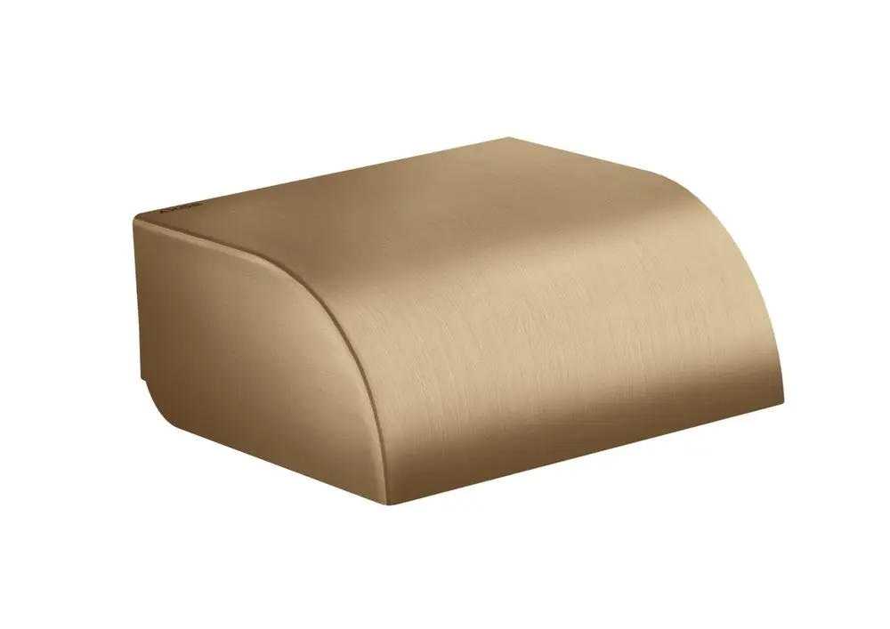 Ein gediegener Toilettenpapierhalter von AXOR in Brushed Bronze mit einem geschlossenen Deckel. Die Oberfläche zeigt eine matte, gebürstete Struktur.